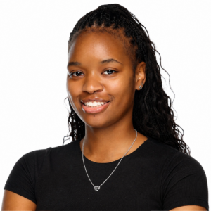 Portrait of a smiling young Black woman with braided hair, wearing a black top and silver necklace against a white background.